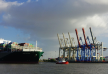 A container ship about to dock at the harbour