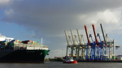 A container ship about to dock at the harbour