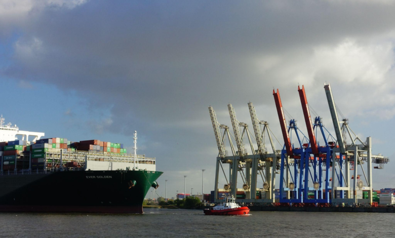 A container ship about to dock at the harbour