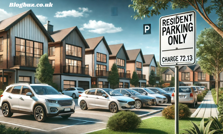 a parking lot with cars parked in front of a row of houses