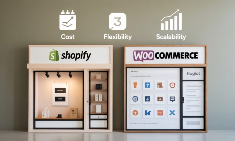 compare shopify and WooCommerce in terms of cost and flexibility