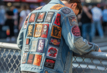 A denim jacket adorned with a collection of custom patches.