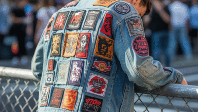 A denim jacket adorned with a collection of custom patches.