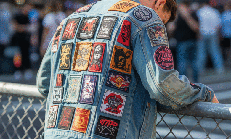 A denim jacket adorned with a collection of custom patches.