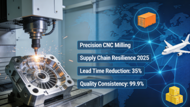 Modern 5-axis CNC machine machining aerospace components with global supply chain elements like maps and logistics icons, highlighting precision manufacturing's role in achieving 35% lead time reduction and 99.9% quality consistency for resilient supply chains in 2025.