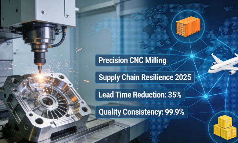 Modern 5-axis CNC machine machining aerospace components with global supply chain elements like maps and logistics icons, highlighting precision manufacturing's role in achieving 35% lead time reduction and 99.9% quality consistency for resilient supply chains in 2025.