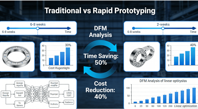 Comparison diagram of traditional product development versus rapid prototyping with DFM analysis, showing 50% time reduction and 40% cost savings through optimized workflows and minimized rework cycles.