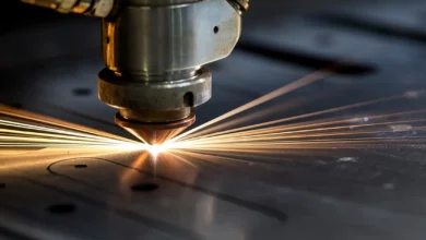A laser engineer and a procurement manager in a smart factory review a 92% efficient nesting layout on a control screen alongside real-time process data, holding a flawless cut part, with organized remnant sheets in the background, visualizing the integrated strategies to cut stainless steel waste.