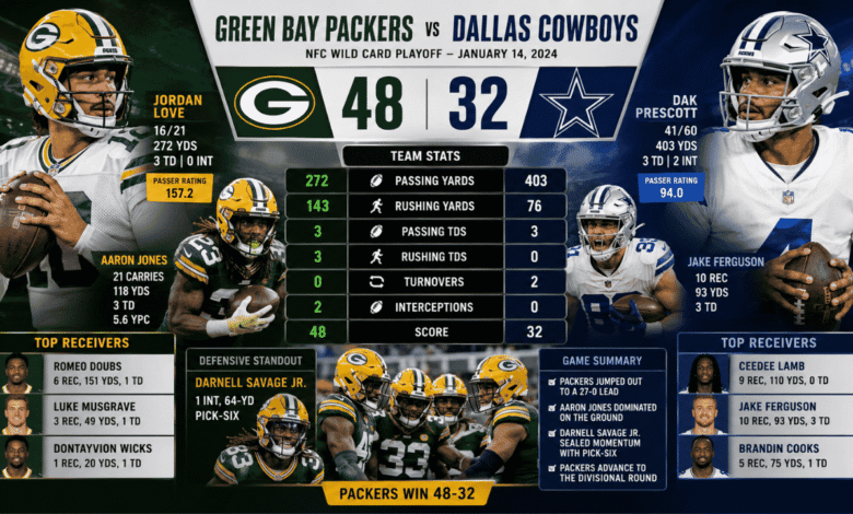 green bay packers vs dallas cowboys match player stats