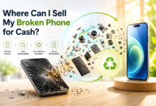 Damaged smartphone and refurbished replacement device showing the process of selling a broken phone for cash.