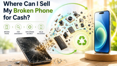 Damaged smartphone and refurbished replacement device showing the process of selling a broken phone for cash.