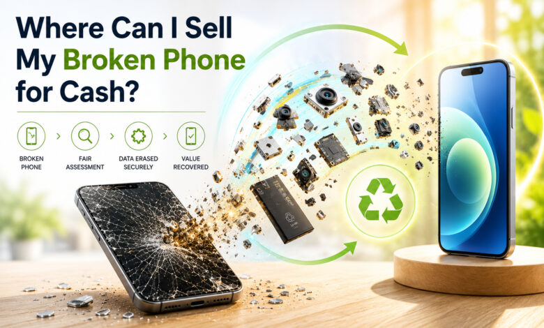 Damaged smartphone and refurbished replacement device showing the process of selling a broken phone for cash.