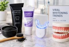 Viral teeth whitening trends featuring charcoal toothpaste, purple toothpaste, and an LED teeth whitening kit