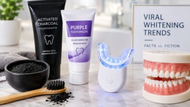 Viral teeth whitening trends featuring charcoal toothpaste, purple toothpaste, and an LED teeth whitening kit