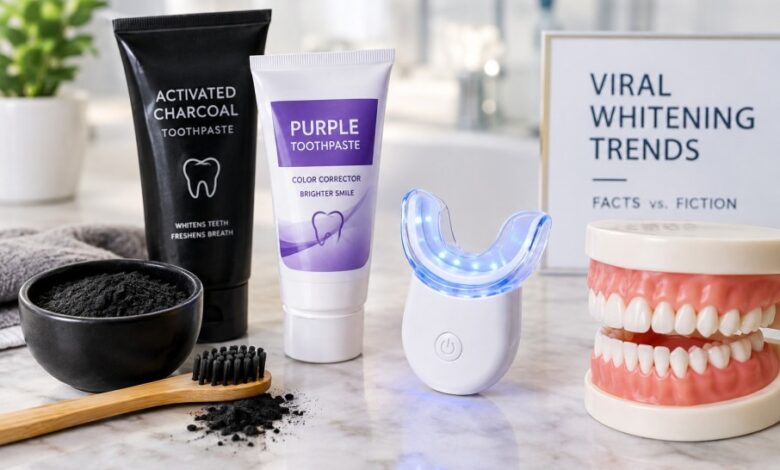 Viral teeth whitening trends featuring charcoal toothpaste, purple toothpaste, and an LED teeth whitening kit